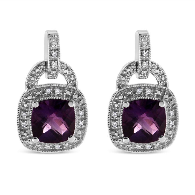 Silver 8MM Natural Cushion Shaped Amethyst Diamond Accent Halo Dangle Earrings