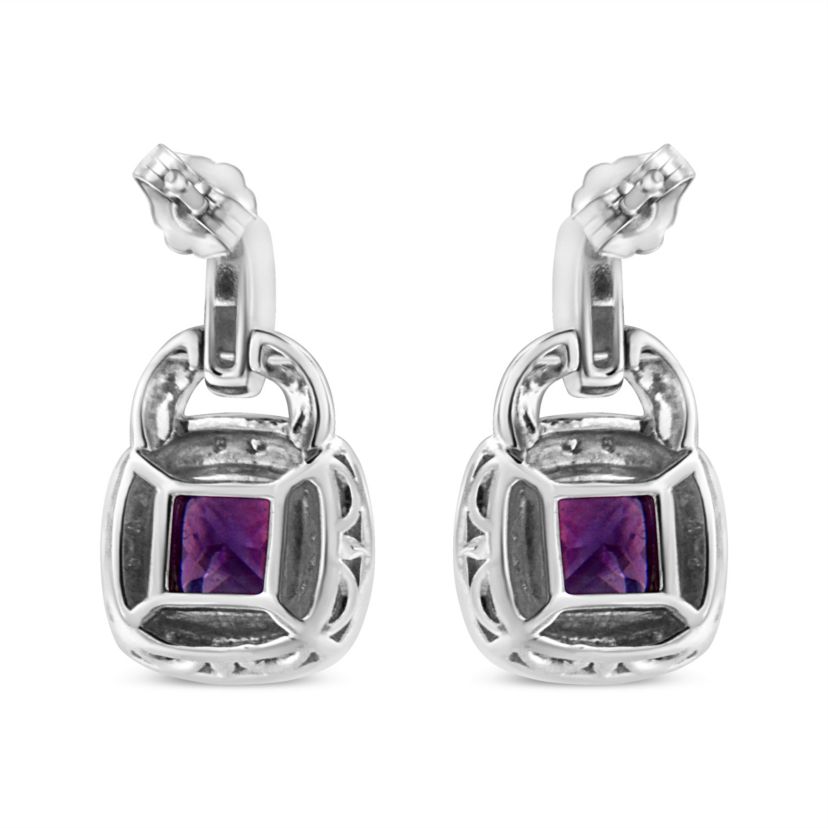 Silver 8MM Natural Cushion Shaped Amethyst Diamond Accent Halo Dangle Earrings
