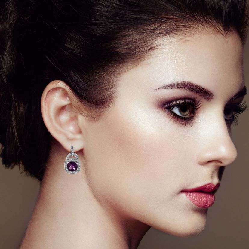 Silver 8MM Natural Cushion Shaped Amethyst Diamond Accent Halo Dangle Earrings