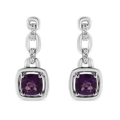 Haus of Brilliance Silver Cushion Purple Amethyst and Diamond Accent Drop and Dangle Earrings, White