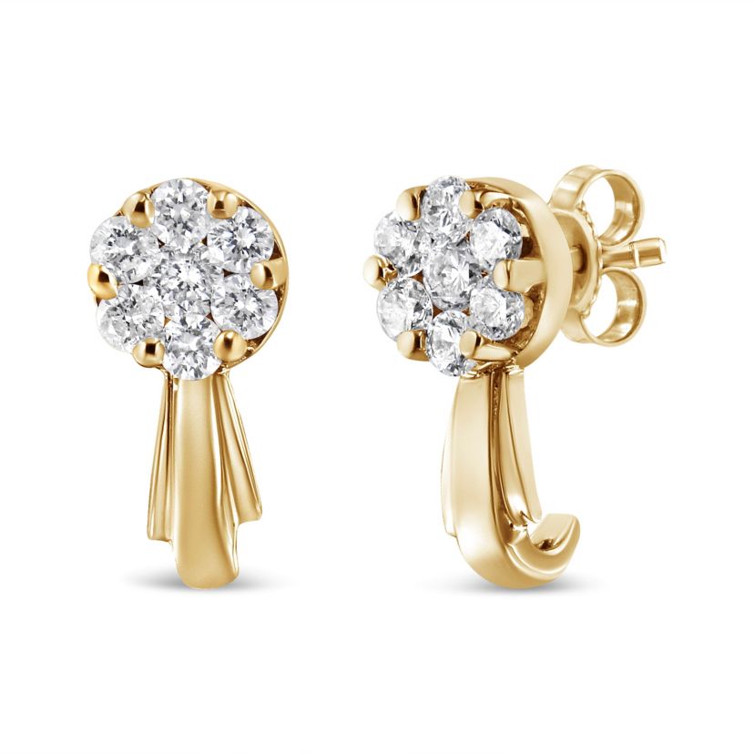 14K Yellow Gold 3/4 Ct Diamond Floral Cluster Drop and Dangle Stud Earrings