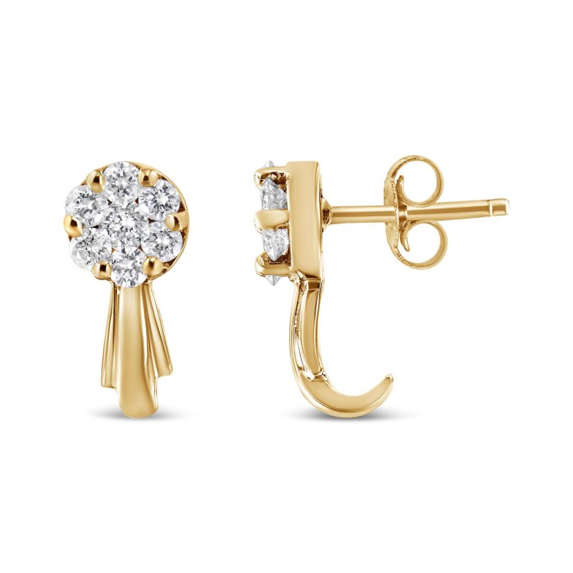 14K Yellow Gold 3/4 Ct Diamond Floral Cluster Drop and Dangle Stud Earrings