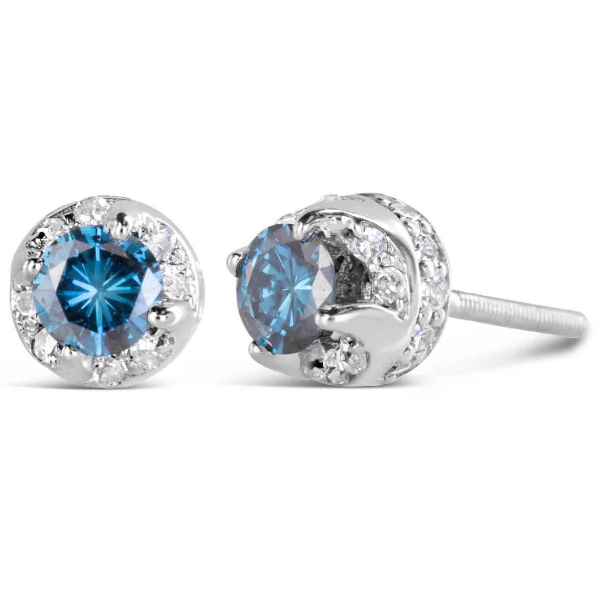 14K White Gold 1.00 Ct Blue and White Diamond Hidden Halo Stud Earrings