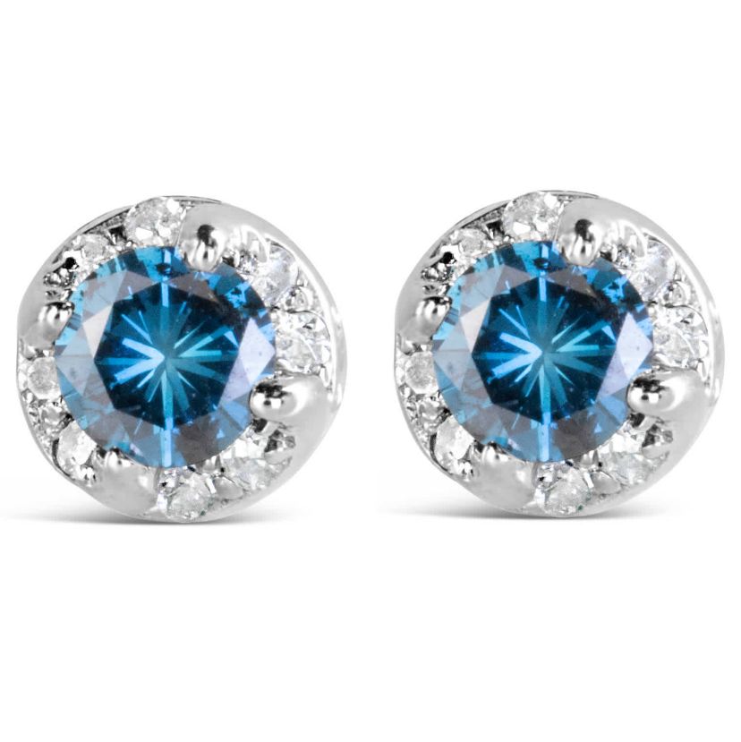 14K White Gold 1.00 Ct Blue and White Diamond Hidden Halo Stud Earrings