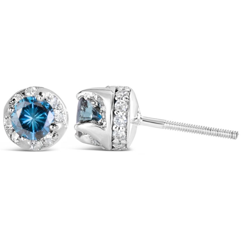 14K White Gold 1.00 Ct Blue and White Diamond Hidden Halo Stud Earrings
