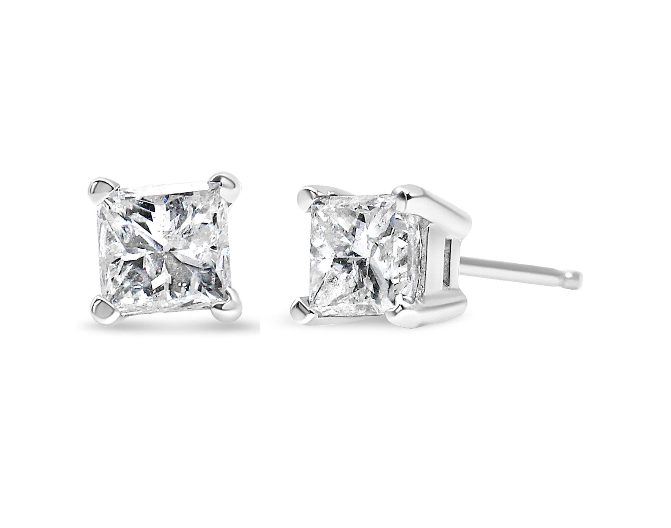 AGS Certified 14K White Gold 1.0 Ct Princess Solitaire Diamond Stud Earrings
