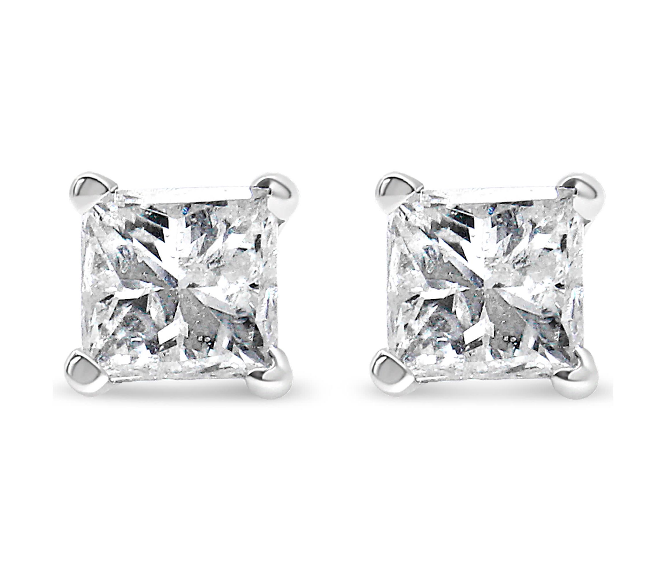 AGS Certified 14K White Gold 1.0 Ct Princess Solitaire Diamond Stud Earrings