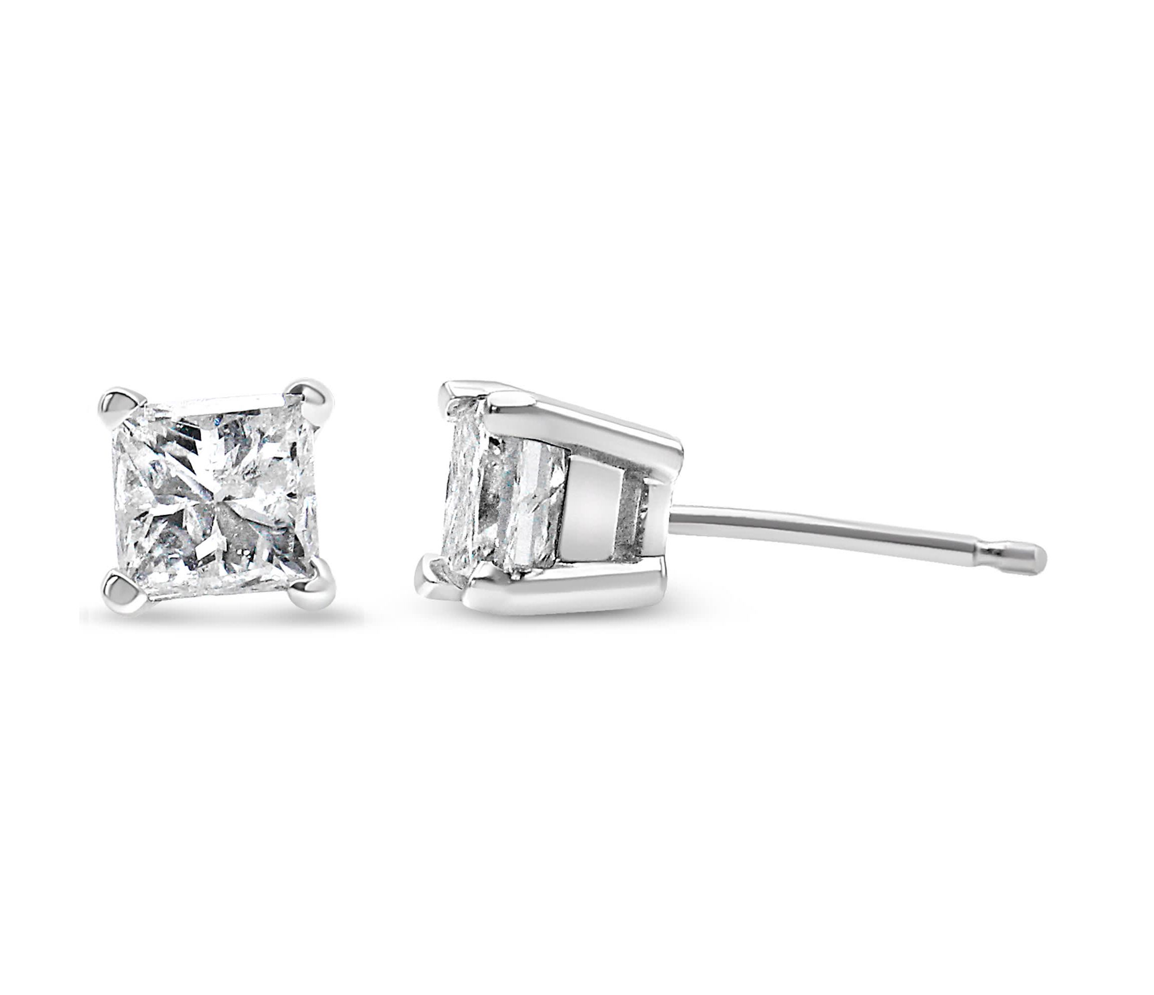 AGS Certified 14K White Gold 1.0 Ct Princess Solitaire Diamond Stud Earrings
