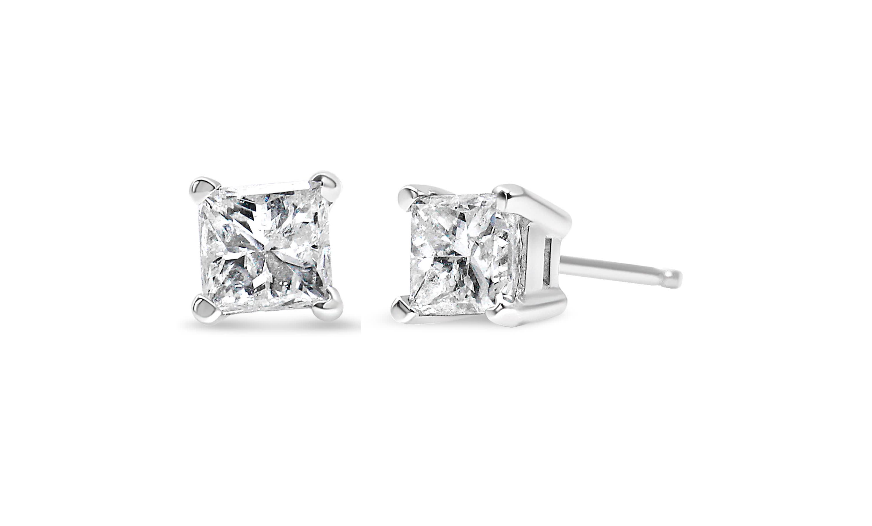 AGS Certified 14K White Gold 3/8 Ct Princess Solitaire Diamond Stud Earrings