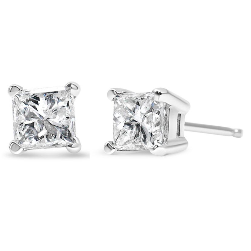AGS Certified 14K White Gold 3/8 Ct Princess Solitaire Diamond Stud Earrings
