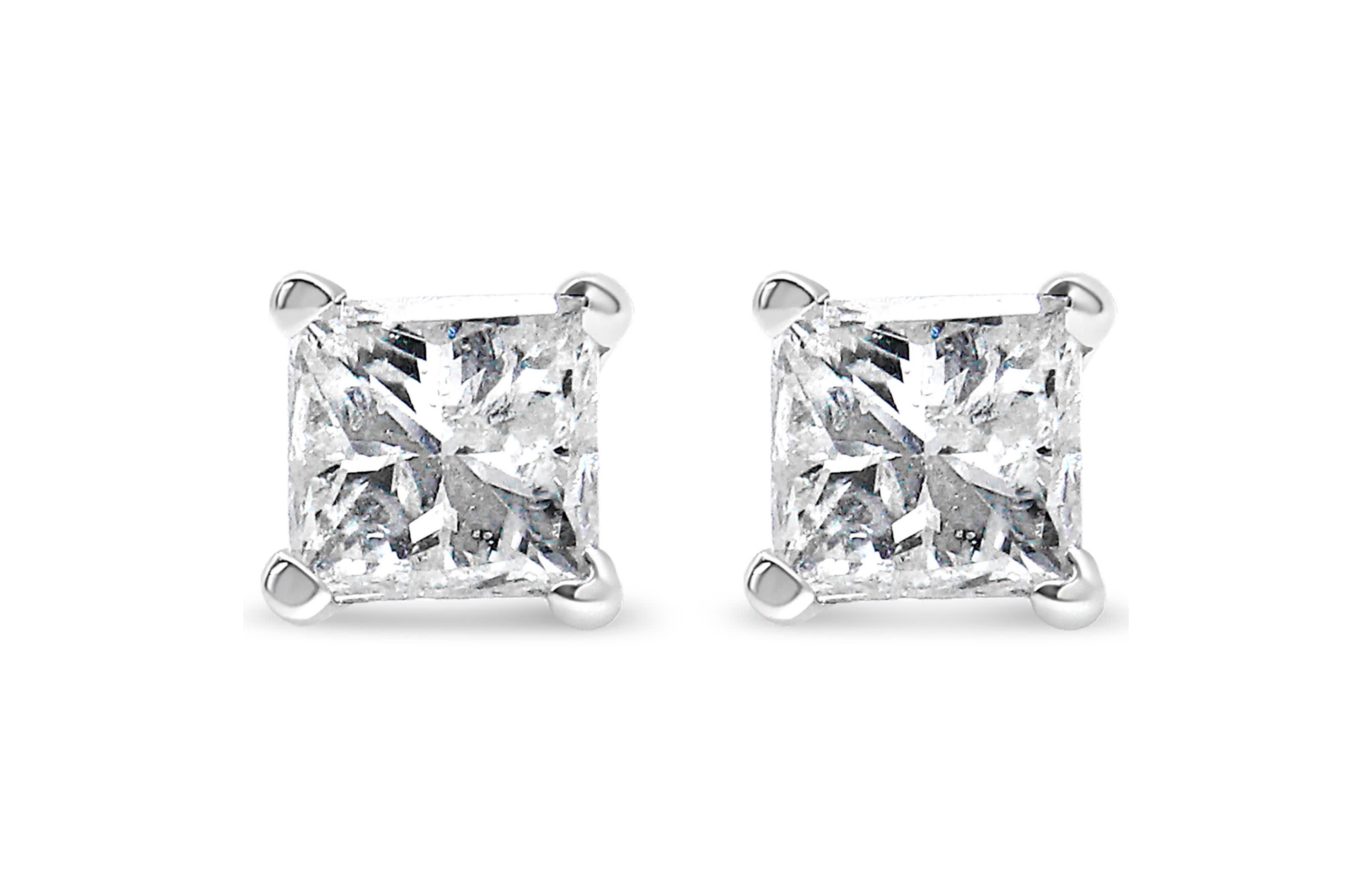 AGS Certified 14K White Gold 3/8 Ct Princess Solitaire Diamond Stud Earrings