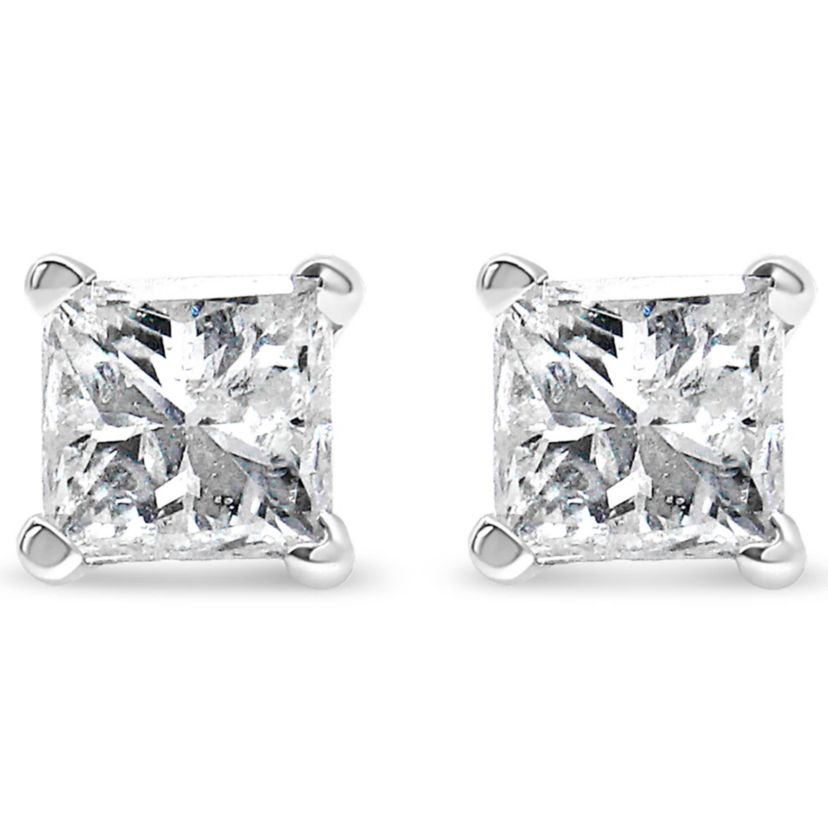 AGS Certified 14K White Gold 3/8 Ct Princess Solitaire Diamond Stud Earrings