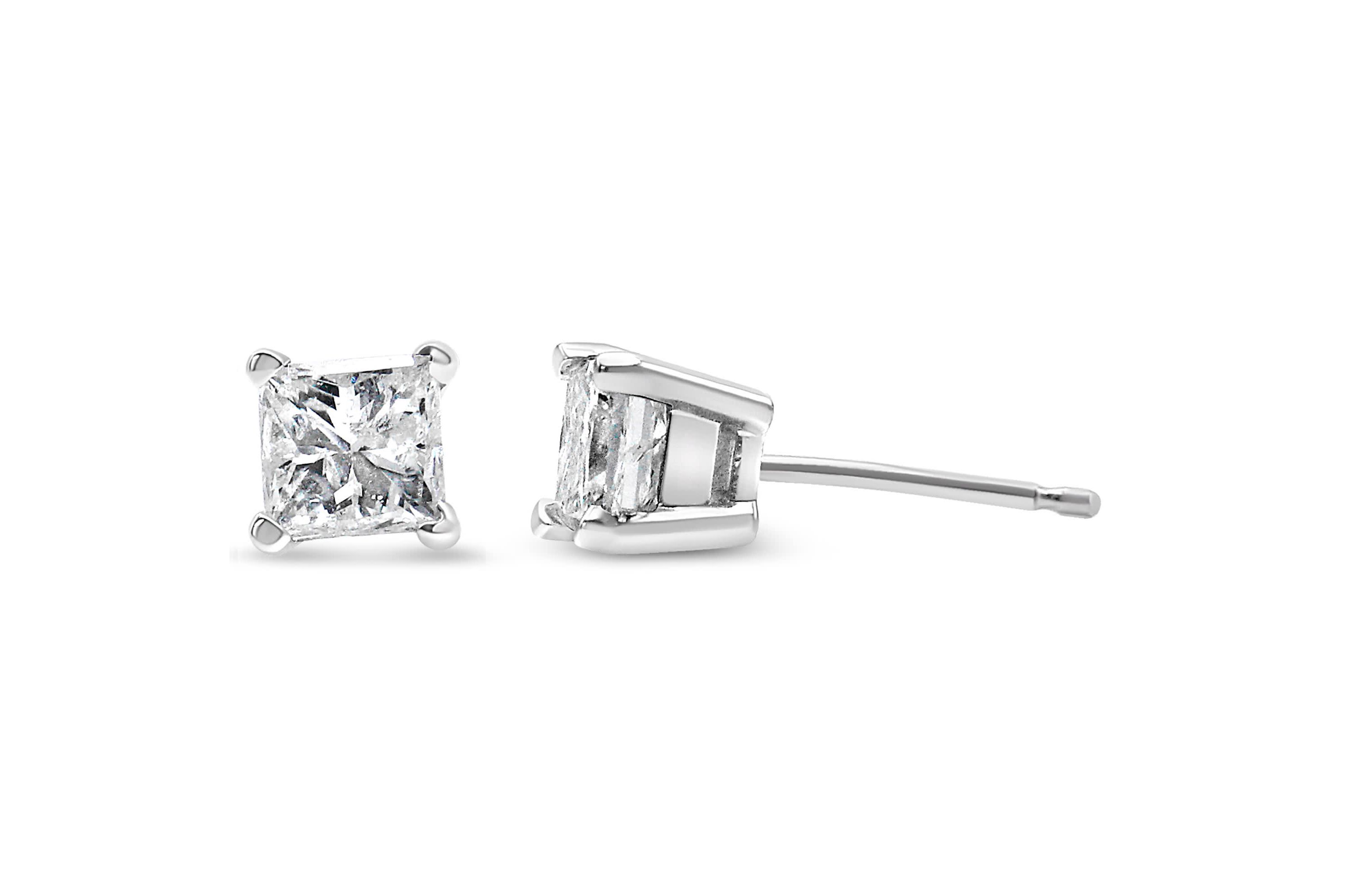 AGS Certified 14K White Gold 3/8 Ct Princess Solitaire Diamond Stud Earrings
