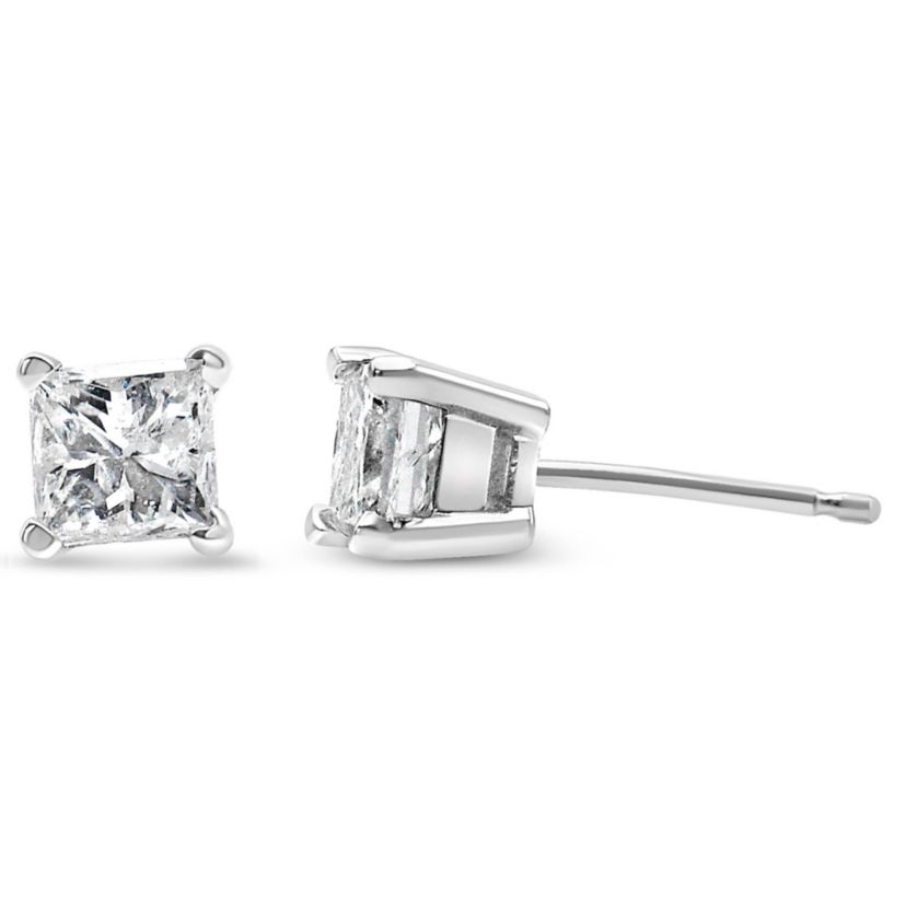 AGS Certified 14K White Gold 3/8 Ct Princess Solitaire Diamond Stud Earrings