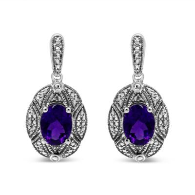 Haus of Brilliance Silver Diamond Accent and 8x6mm Purple Oval Amethyst Stud Earrings, White