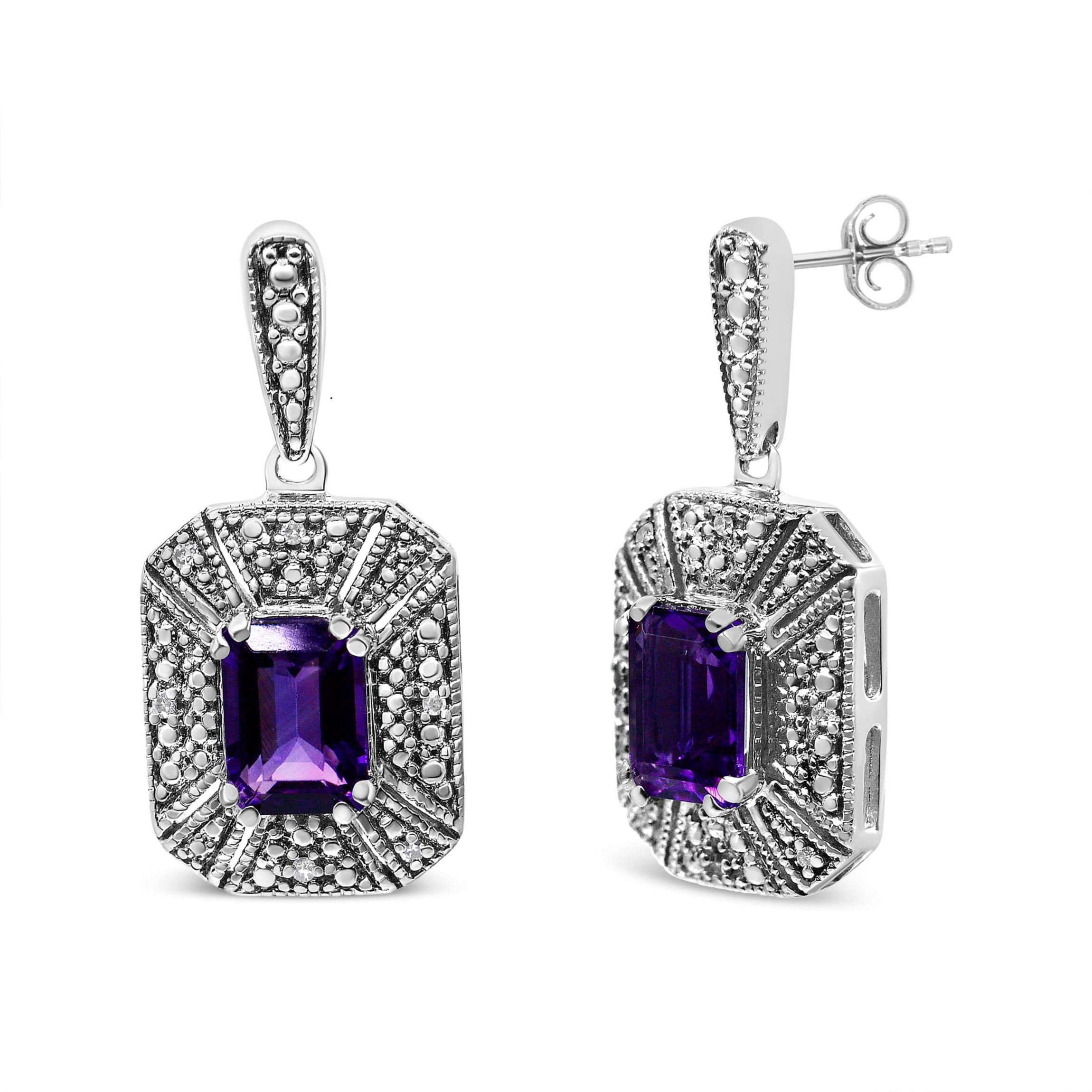 Silver Diamond Accent and 7x5mm Purple Amethyst Stud Earrings