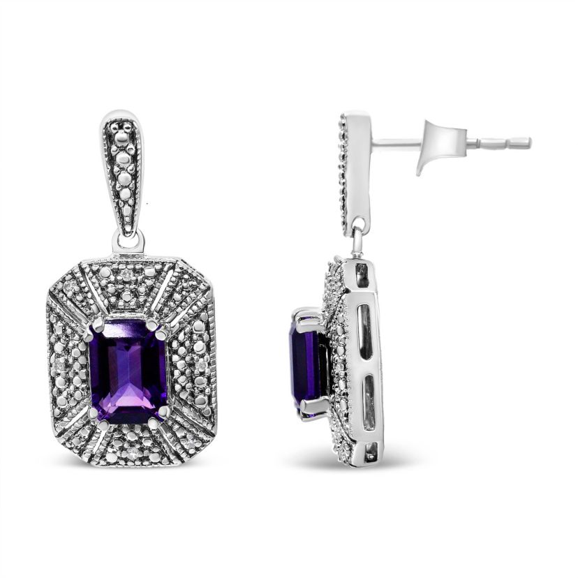 Silver Diamond Accent and 7x5mm Purple Amethyst Stud Earrings