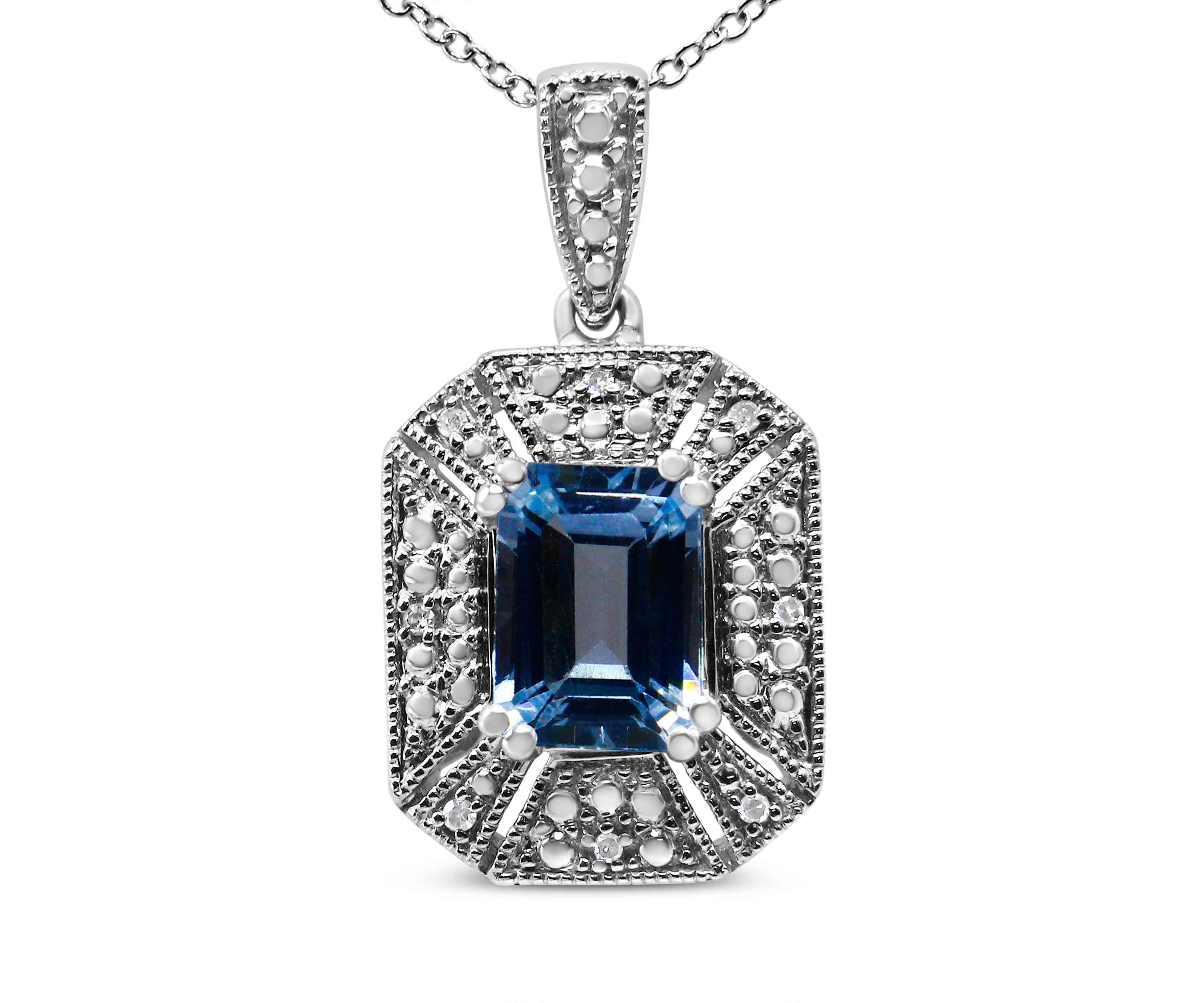 Silver Blue Topaz and Diamond Accent Art Deco Style 18" Pendant Necklace