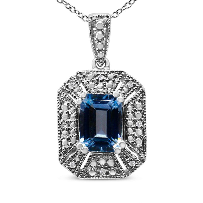 Silver Blue Topaz and Diamond Accent Art Deco Style 18" Pendant Necklace