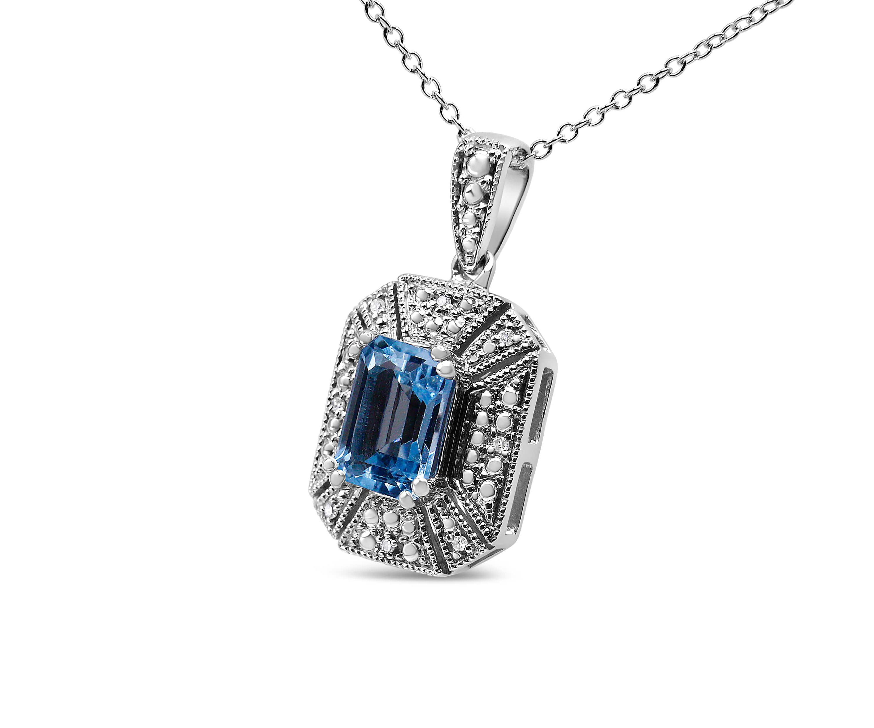 Silver Blue Topaz and Diamond Accent Art Deco Style 18" Pendant Necklace