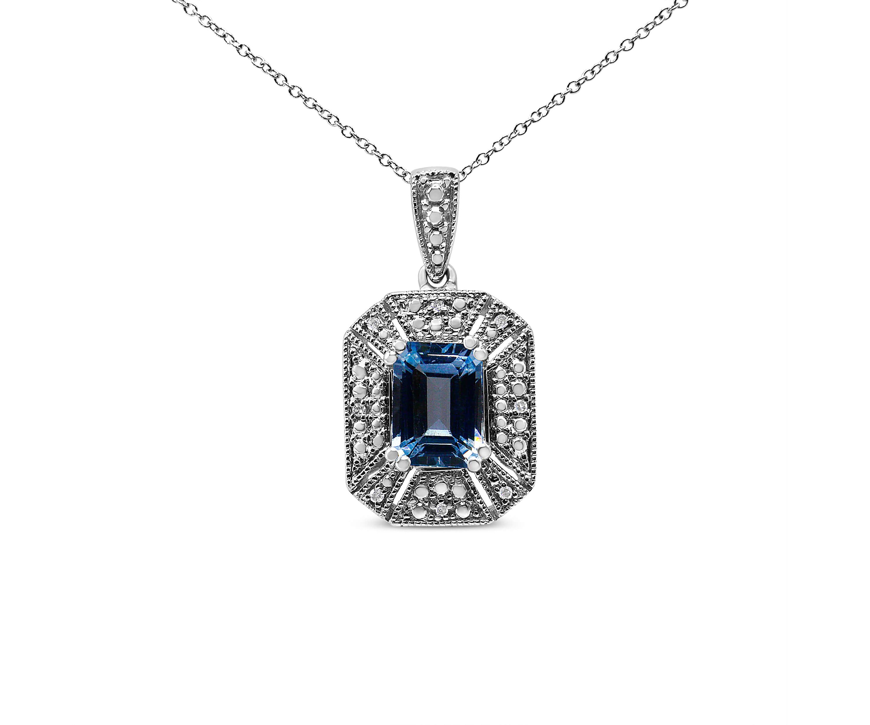 Silver Blue Topaz and Diamond Accent Art Deco Style 18" Pendant Necklace