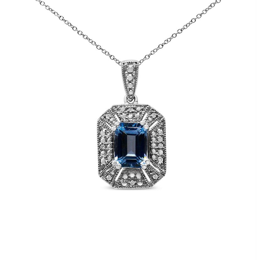 Silver Blue Topaz and Diamond Accent Art Deco Style 18" Pendant Necklace