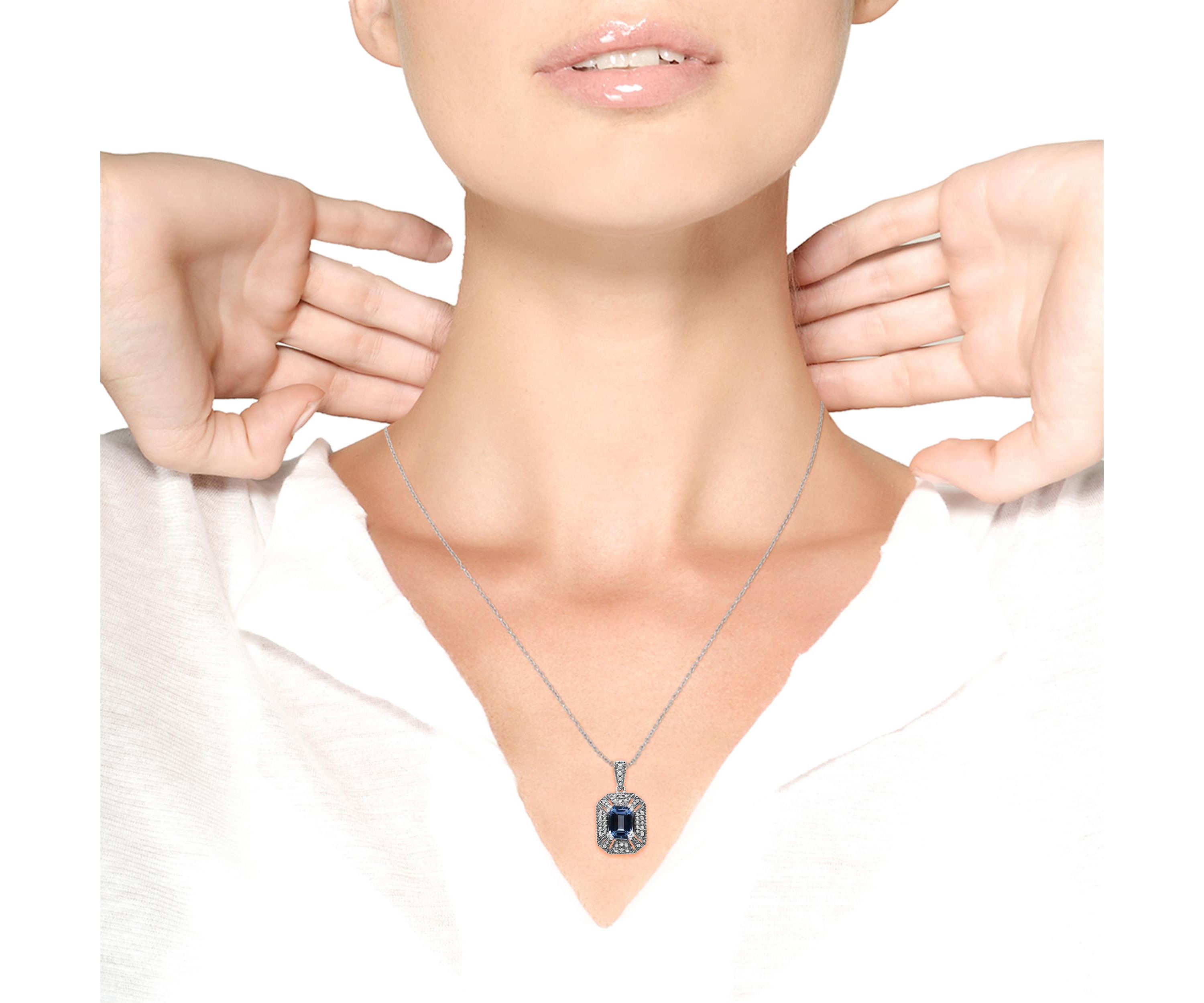 Silver Blue Topaz and Diamond Accent Art Deco Style 18" Pendant Necklace