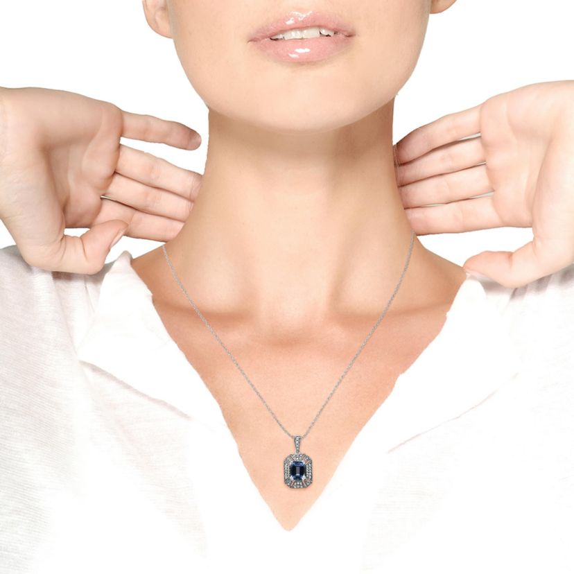 Silver Blue Topaz and Diamond Accent Art Deco Style 18" Pendant Necklace