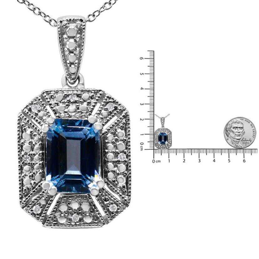 Silver Blue Topaz and Diamond Accent Art Deco Style 18" Pendant Necklace
