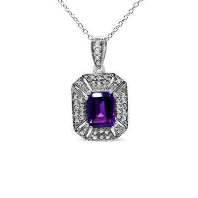 Haus of Brilliance Silver Purple Amethyst and Diamond Accent Art Deco Style 18" Pendant Necklace