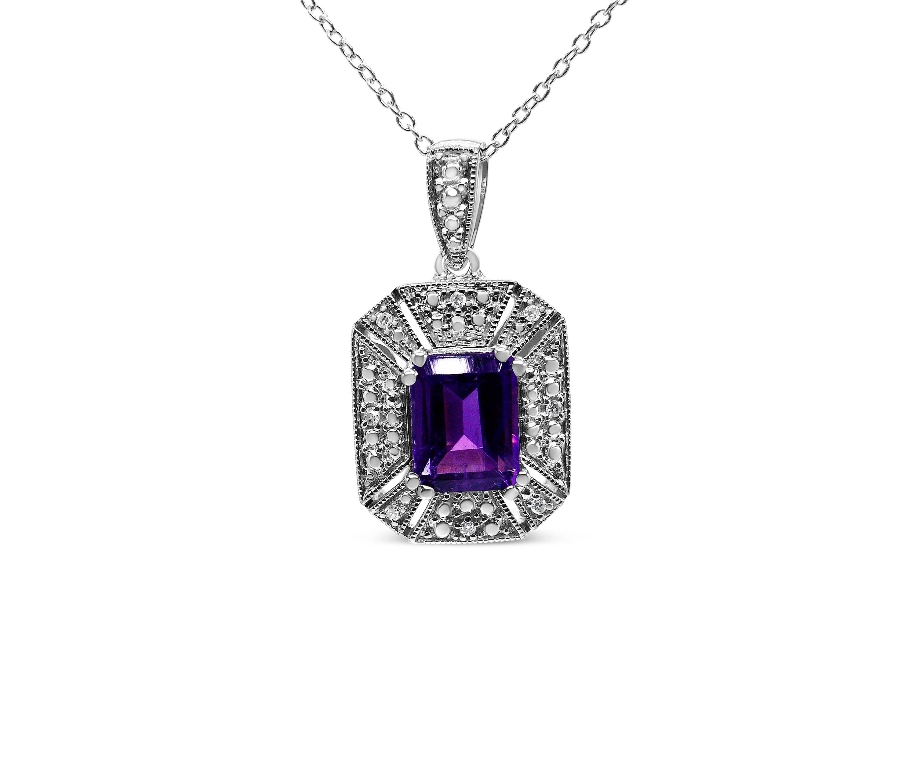 Silver Purple Amethyst and Diamond Accent Art Deco Style 18" Pendant Necklace
