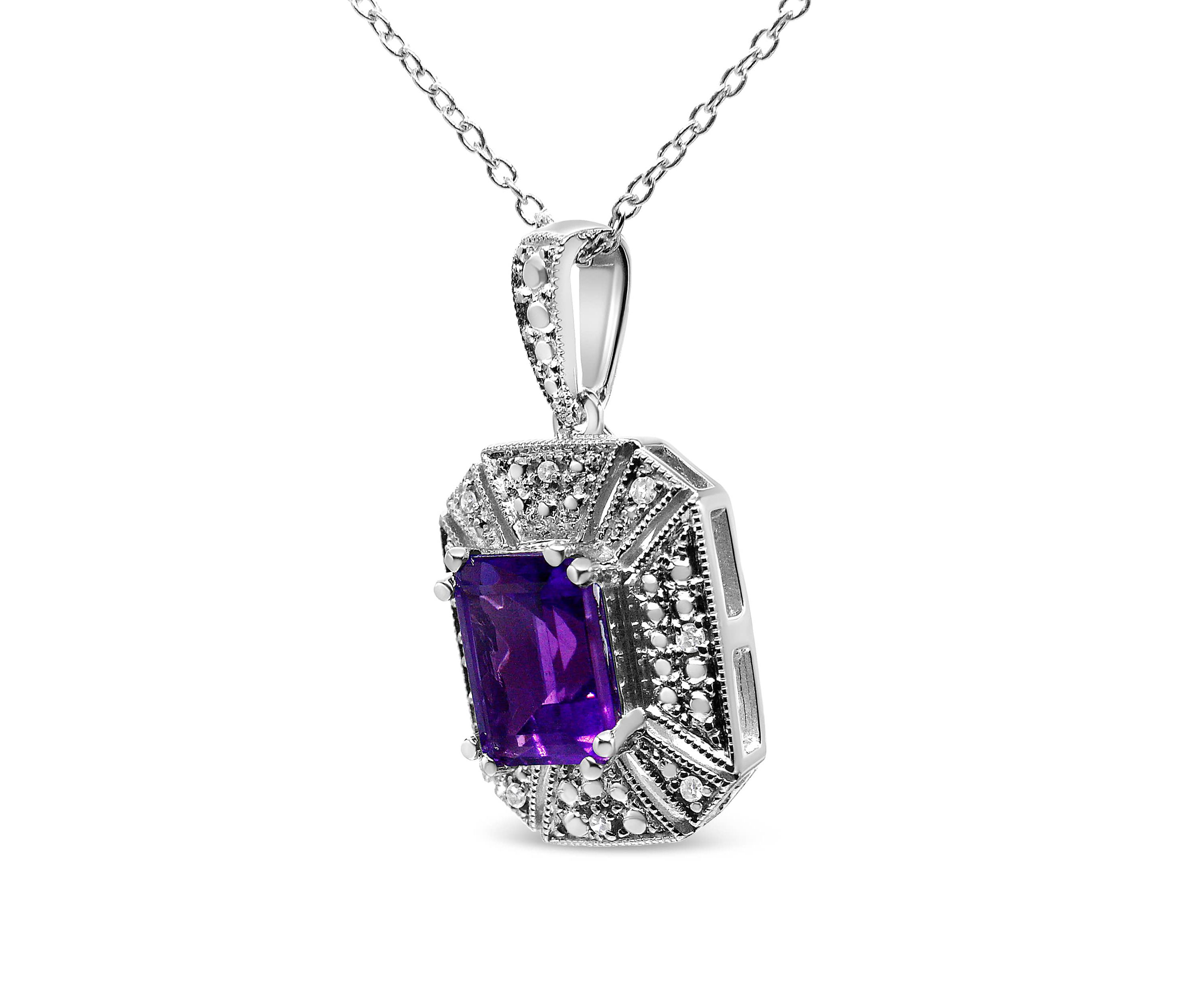 Silver Purple Amethyst and Diamond Accent Art Deco Style 18" Pendant Necklace