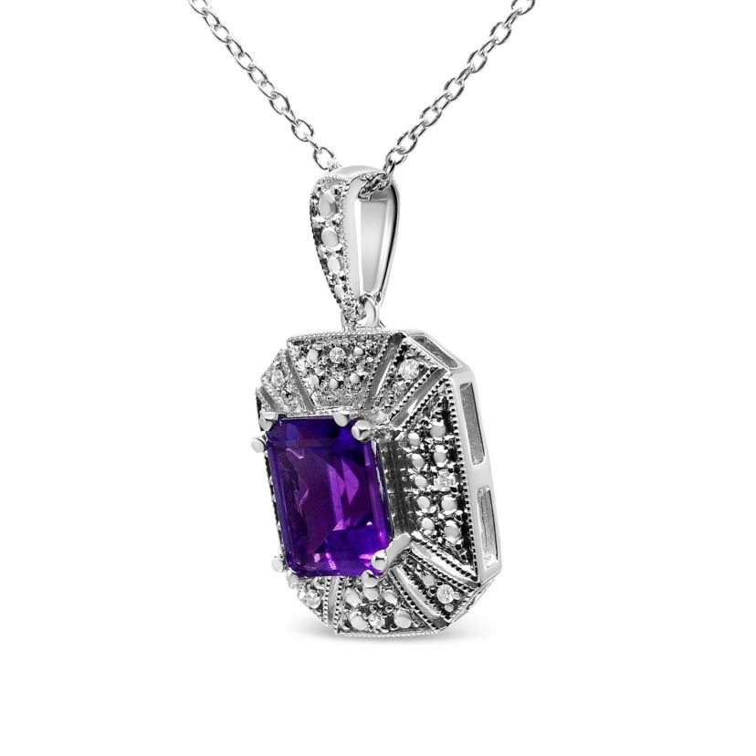 Silver Purple Amethyst and Diamond Accent Art Deco Style 18" Pendant Necklace