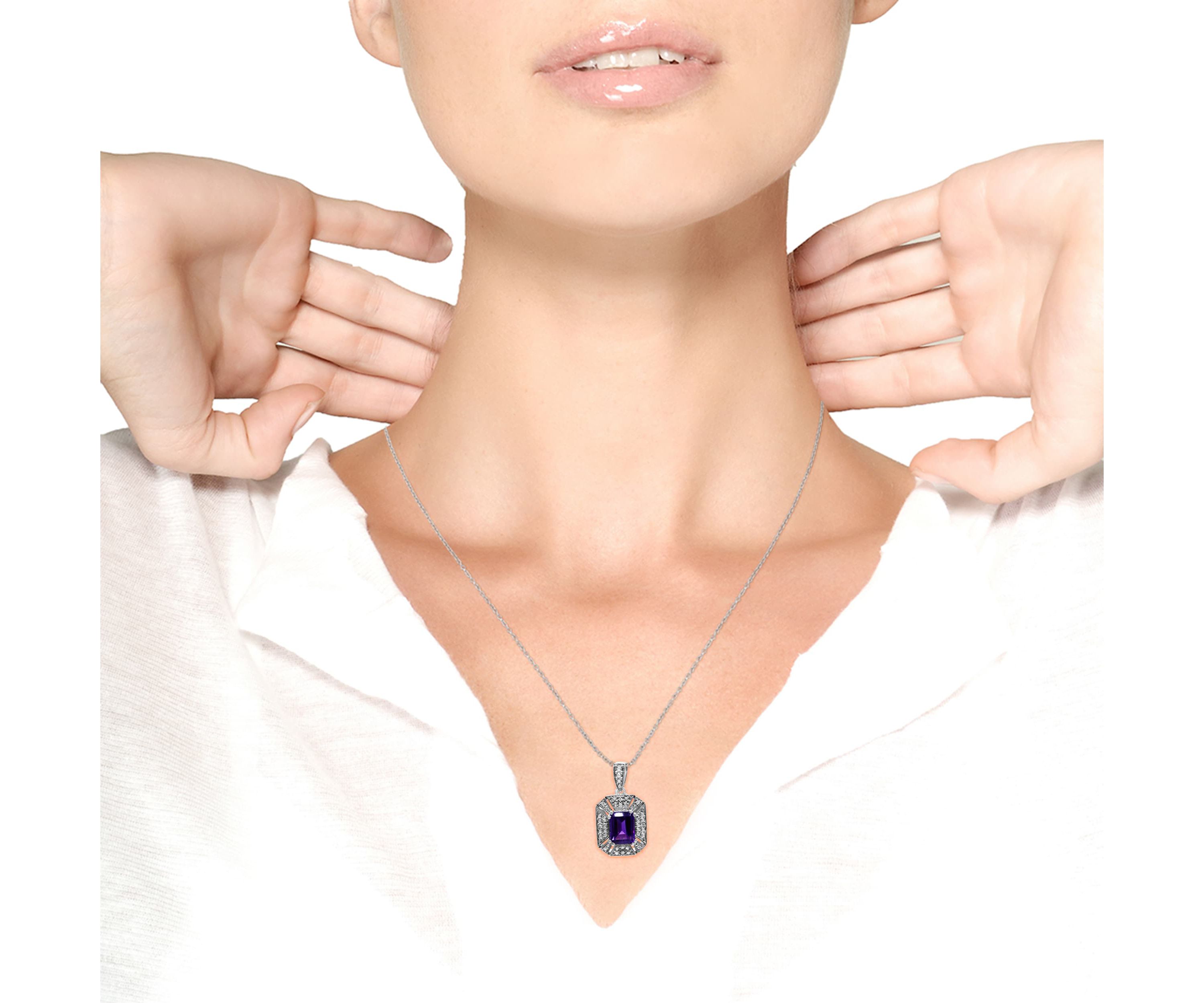 Silver Purple Amethyst and Diamond Accent Art Deco Style 18" Pendant Necklace