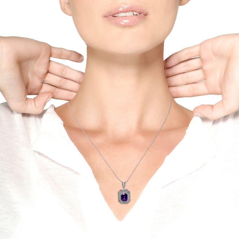 Silver Purple Amethyst and Diamond Accent Art Deco Style 18" Pendant Necklace