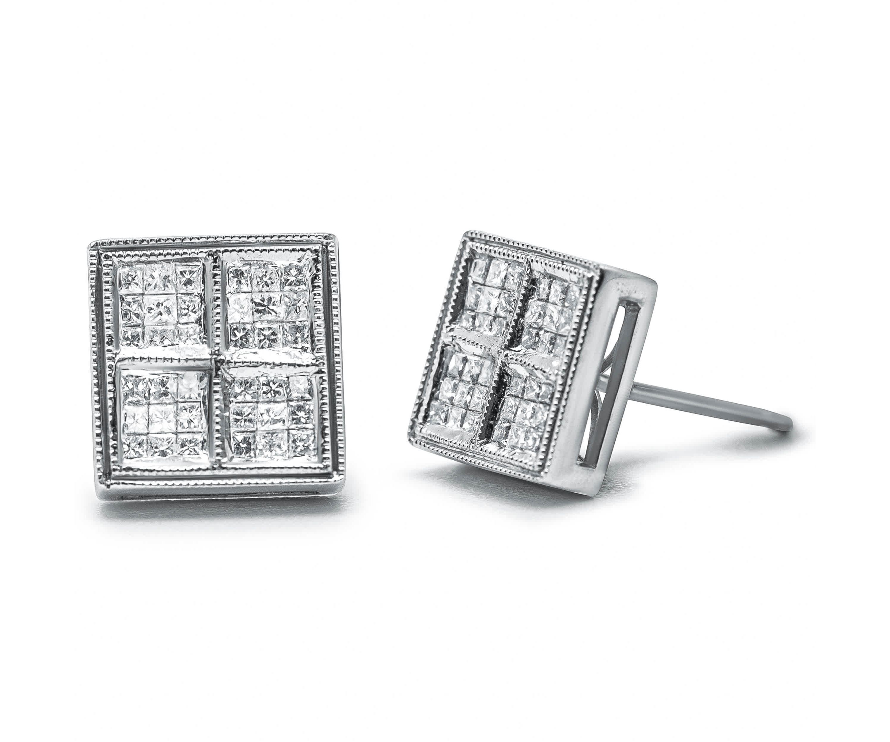 14K White Gold 1/2 Cttw Princess Diamond Composite Box Milgrain Stud Earrings