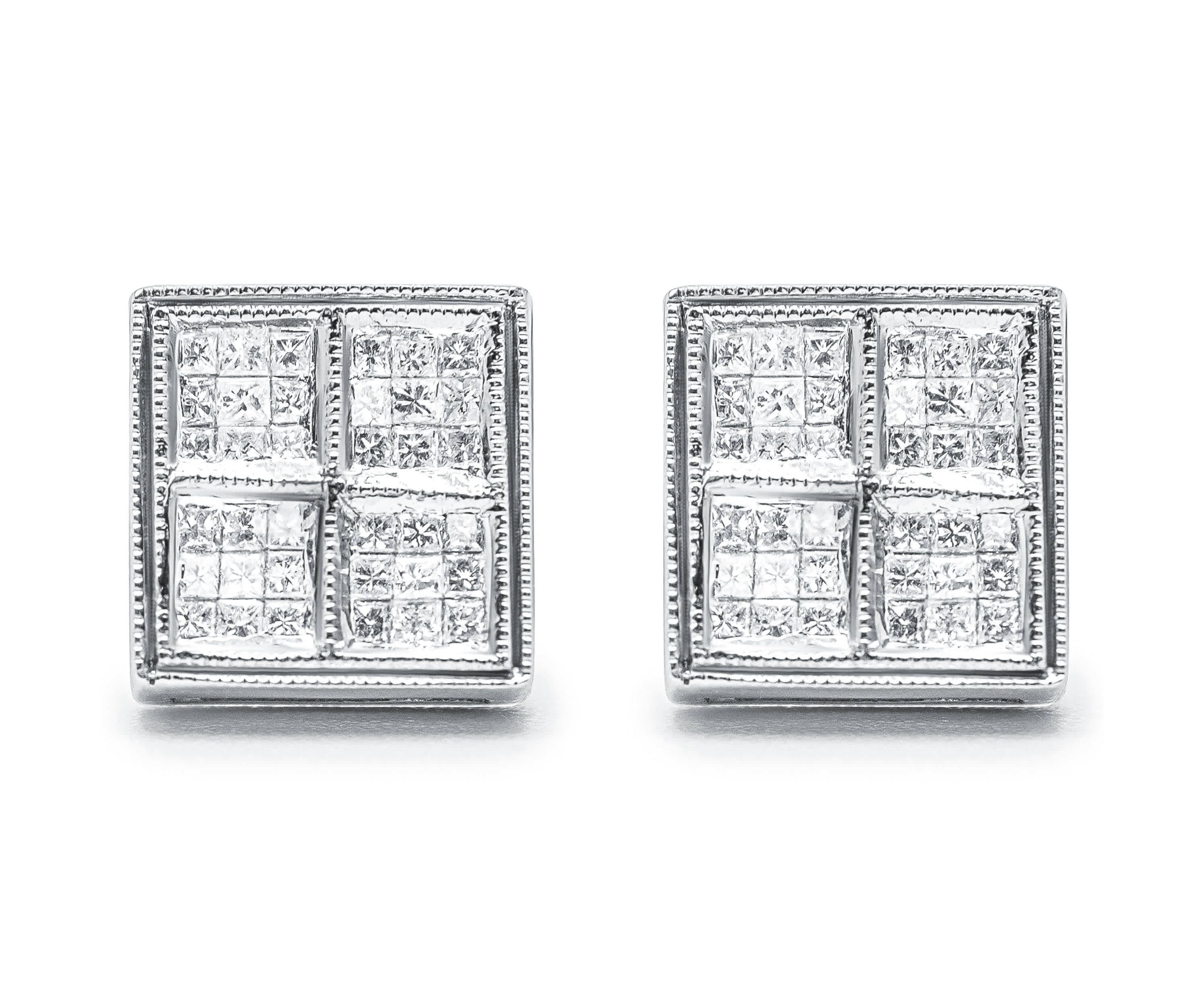 14K White Gold 1/2 Cttw Princess Diamond Composite Box Milgrain Stud Earrings