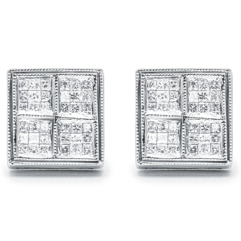 14K White Gold 1/2 Cttw Princess Diamond Composite Box Milgrain Stud Earrings