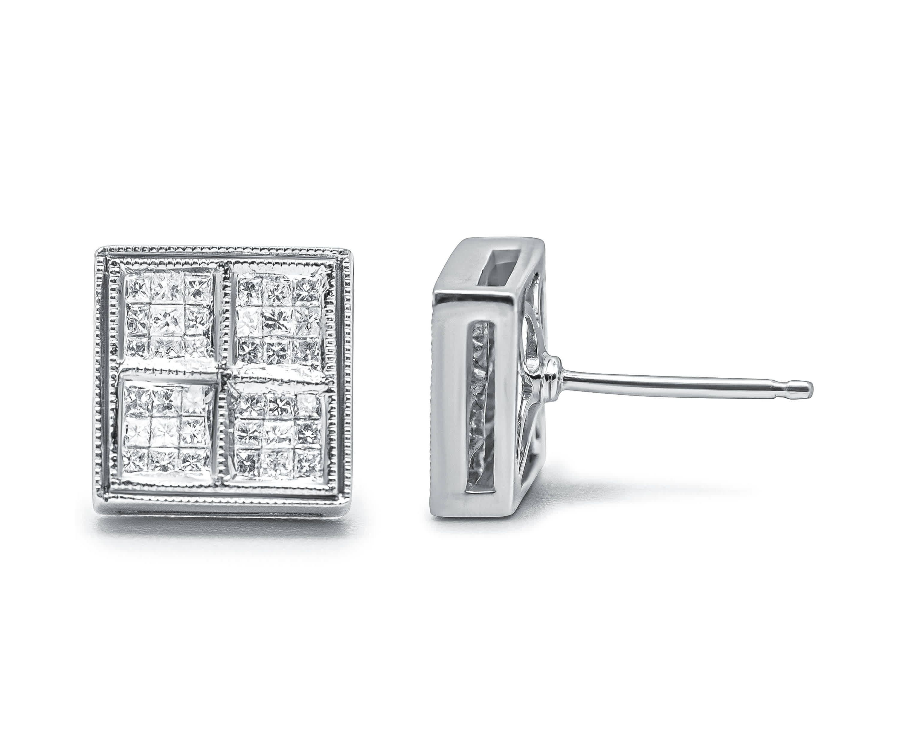 14K White Gold 1/2 Cttw Princess Diamond Composite Box Milgrain Stud Earrings