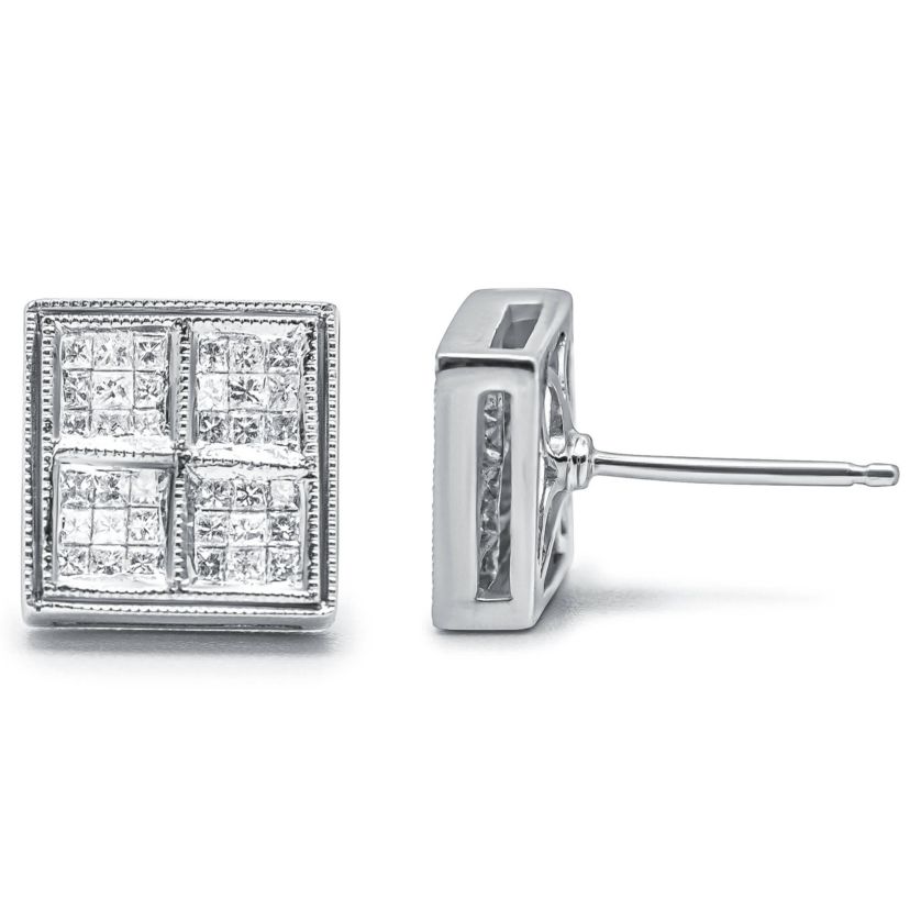 14K White Gold 1/2 Cttw Princess Diamond Composite Box Milgrain Stud Earrings