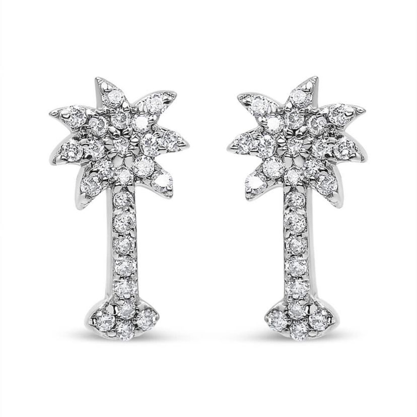 14K White Gold 1/4 Ct Diamond Palm Tree Stud Earrings