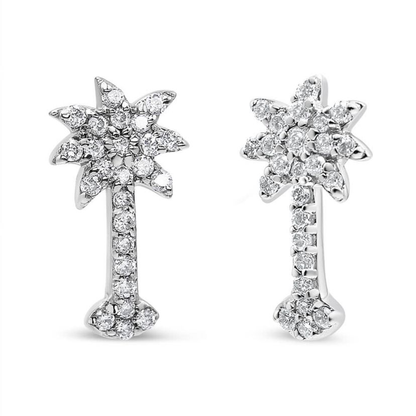 14K White Gold 1/4 Ct Diamond Palm Tree Stud Earrings