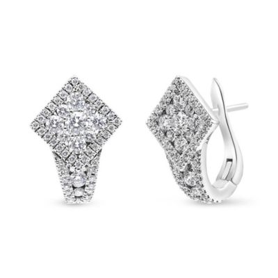 Haus of Brilliance 18K White Gold 1 1/10 Cttw Round Diamond Cluster with Halo Hoop Huggie Earring
