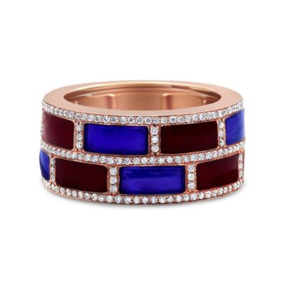 Haus of Brilliance 18K Rose Gold Red and Blue Enamel and 1/2 Cttw Diamond Band Ring, 7