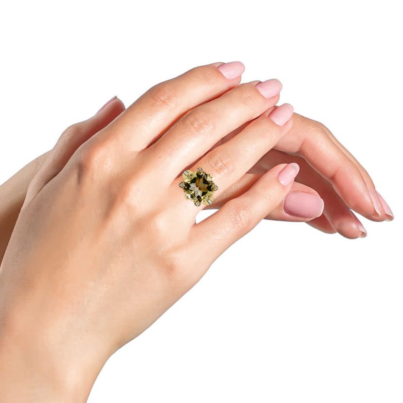 18K Gold Quartz & 1/4 Ct Diamond Accented Cocktail Ring - Size 7