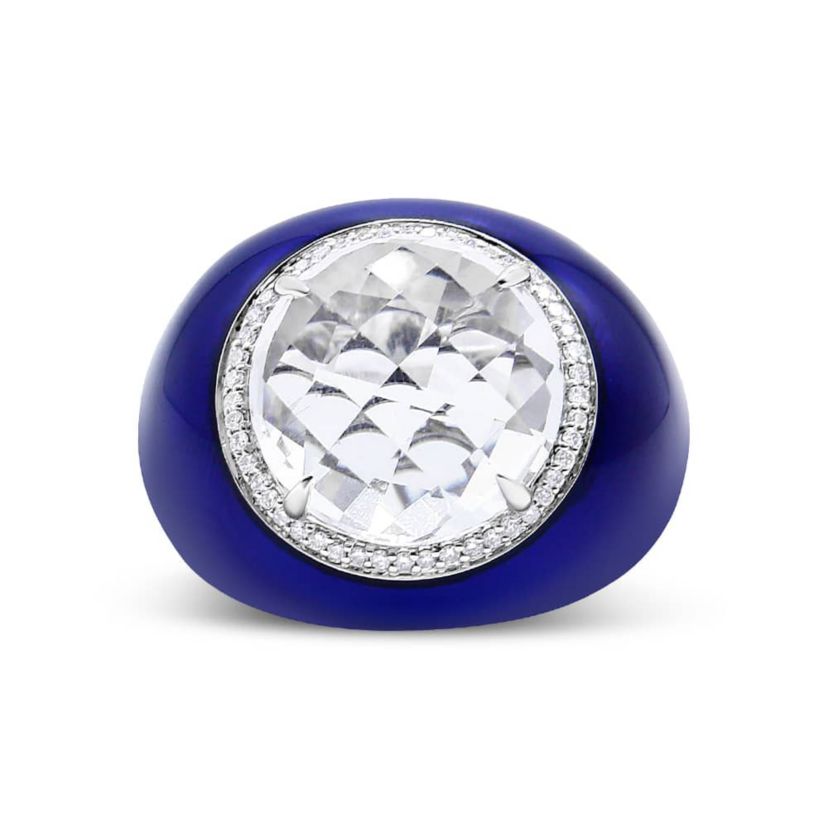18K Gold Quartz & 1/5 Ct Diamond Halo with Enamel Ring - Size 7