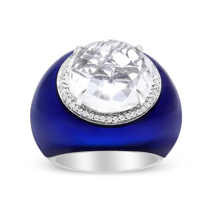 18K Gold Quartz & 1/5 Ct Diamond Halo with Enamel Ring - Size 7