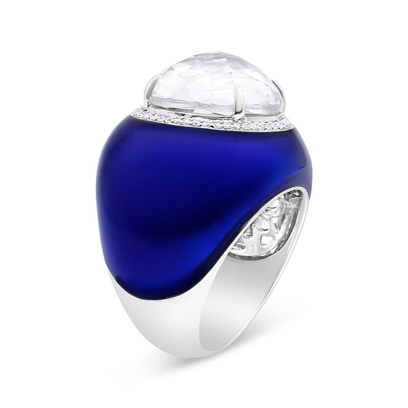 18K Gold Quartz & 1/5 Ct Diamond Halo with Enamel Ring - Size 7