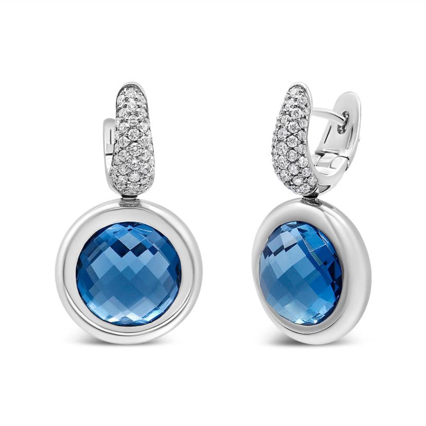 18K White Gold Blue Topaz and 1/2 Cttw Diamond Bale Dangle Earrings