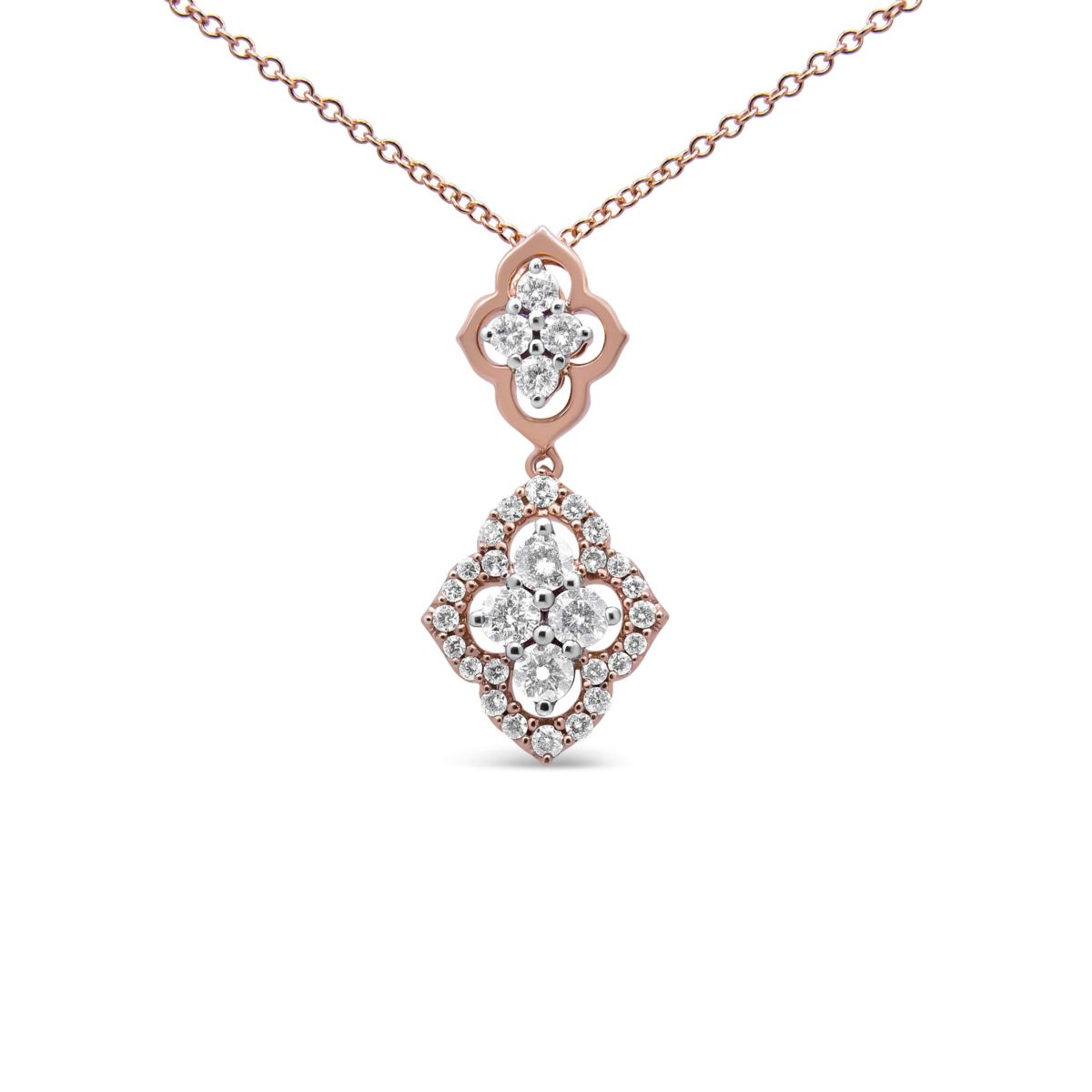 14K Rose Gold 3/4 Cttw Round Diamond Double Quatrefoil Pendant 18" Necklace